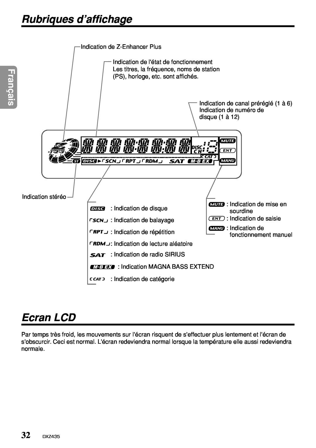 Clarion DXZ435 owner manual Rubriques d’affichage, Ecran LCD, Français 