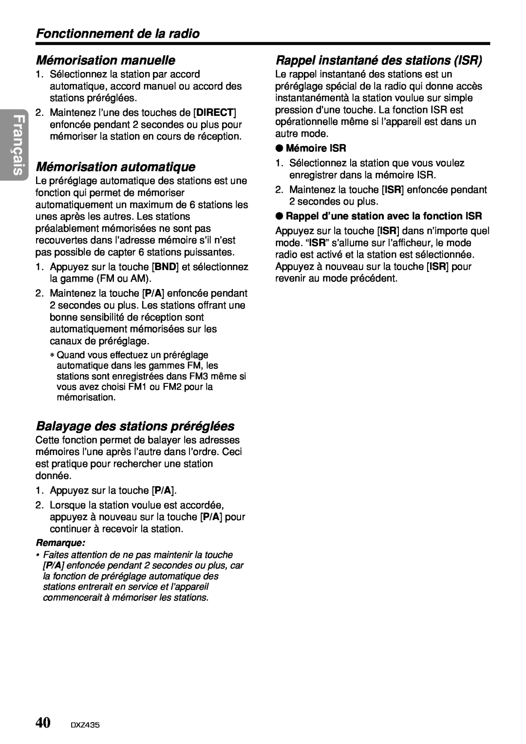 Clarion DXZ435 owner manual Franç, Fonctionnement de la radio, Mémorisation manuelle, Rappel instantané des stations ISR 