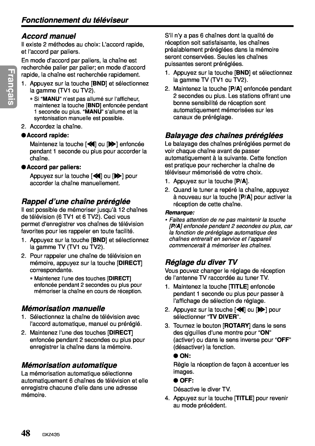 Clarion DXZ435 Fonctionnement du téléviseur, Rappel d’une chaîne préréglée, Balayage des chaînes préréglées, Français 