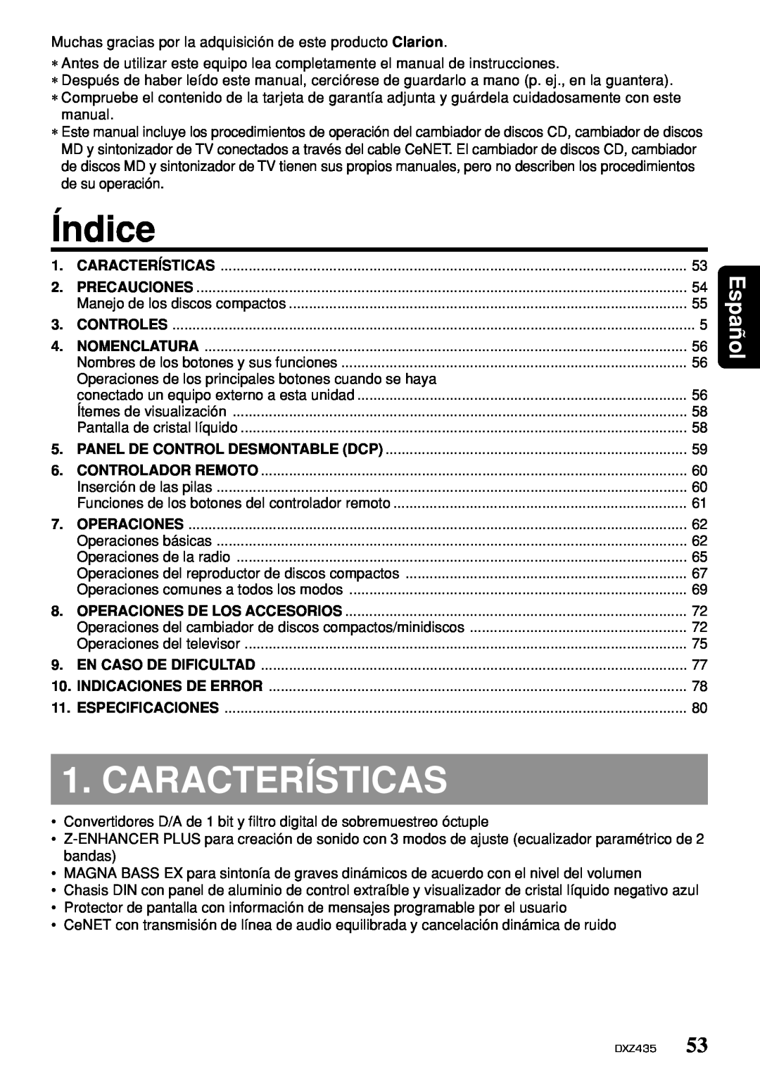 Clarion DXZ435 owner manual Índice, Características, Español 
