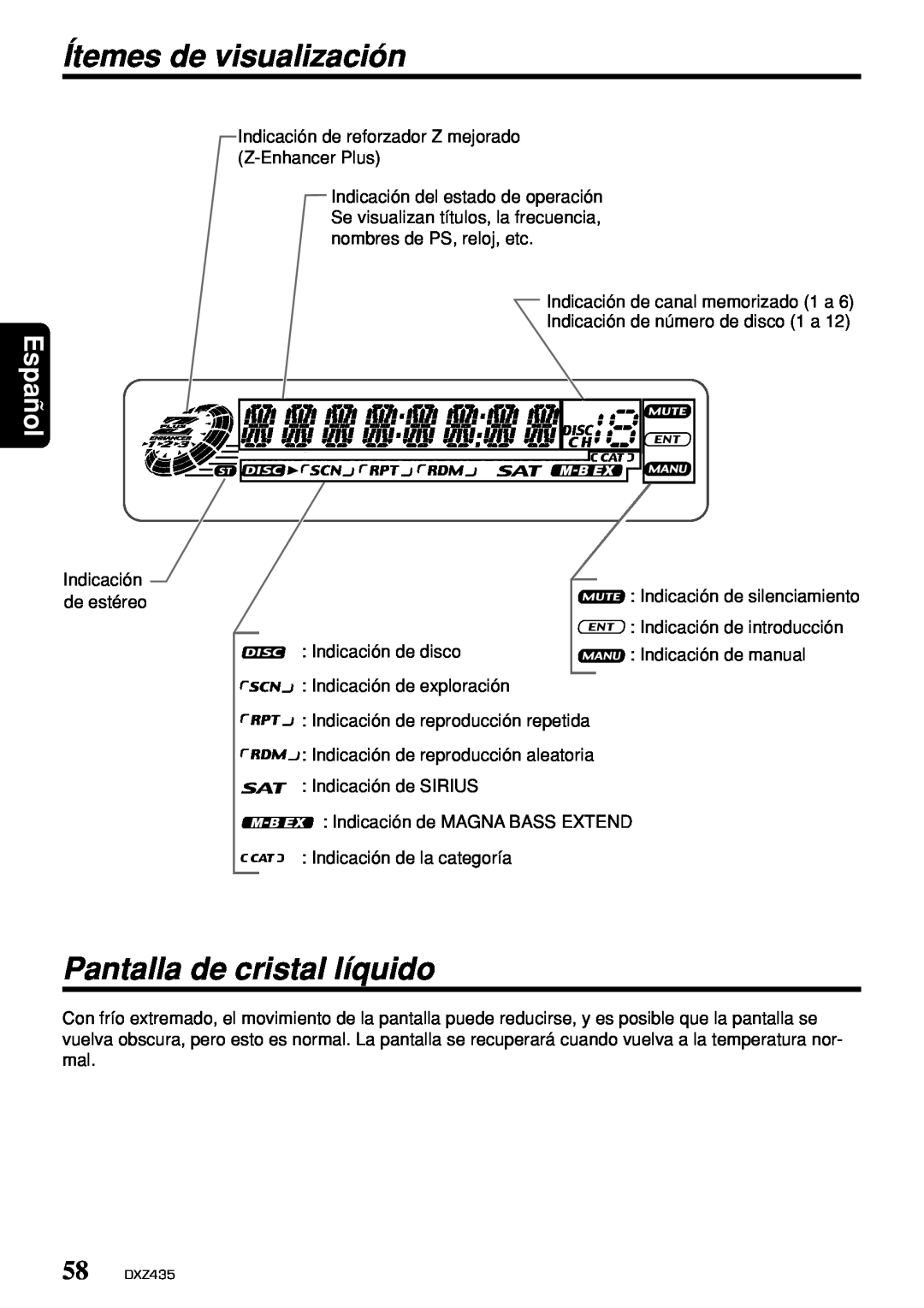 Clarion DXZ435 owner manual Ítemes de visualización, Pantalla de cristal líquido, Español 