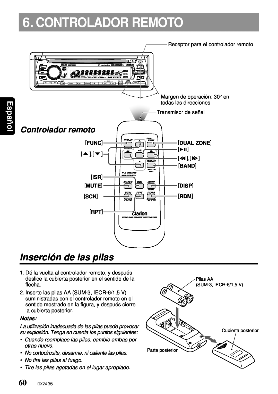Clarion DXZ435 owner manual Controlador Remoto, Inserción de las pilas, Controlador remoto, Español, Notas 