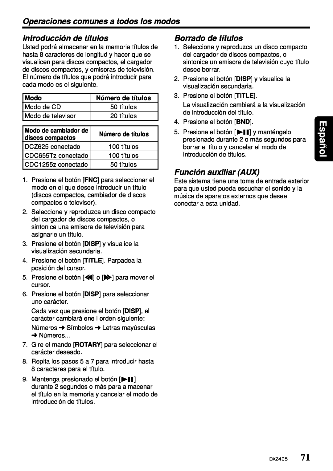 Clarion DXZ435 owner manual Introducción de títulos, Borrado de títulos, Función auxiliar AUX, Español 