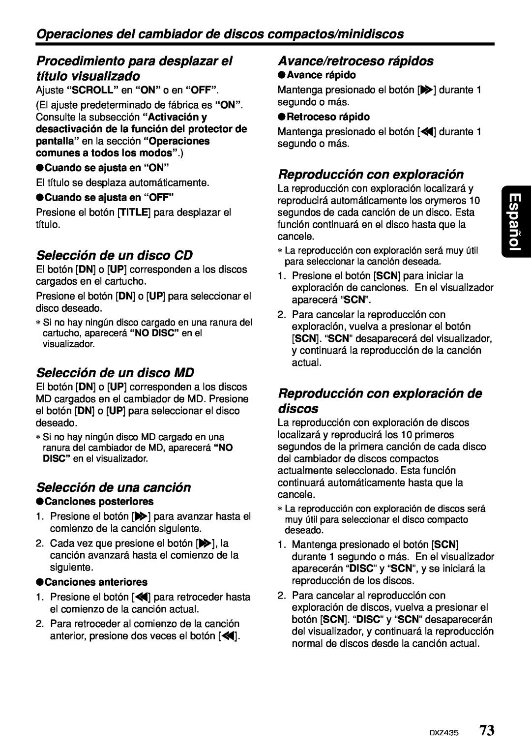 Clarion DXZ435 Selección de un disco CD, Selección de un disco MD, Reproducción con exploración de discos, Español 