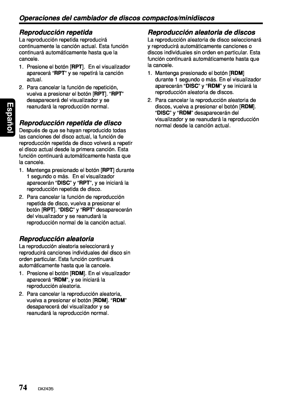Clarion DXZ435 owner manual Reproducción repetida de disco, Reproducción aleatoria de discos, Español 