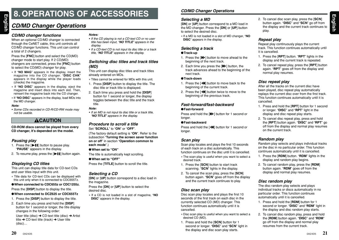 Clarion DXZ435 owner manual Operations Of Accessories, CD/MD Changer Operations, English 