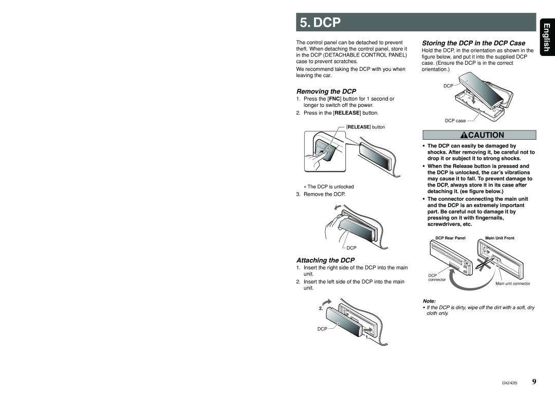 Clarion DXZ435 owner manual Dcp, Removing the DCP, Attaching the DCP, Storing the DCP in the DCP Case, English 