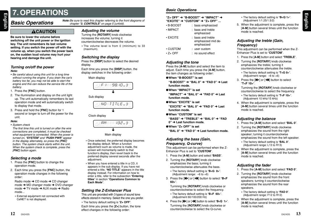 Clarion DXZ435 owner manual Basic Operations, English 