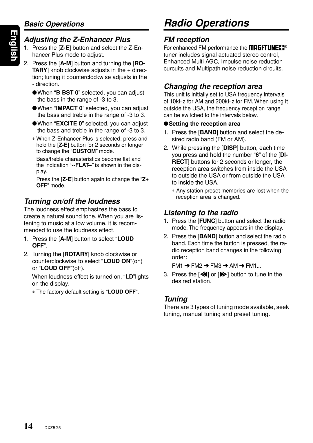 Clarion DXZ525 owner manual Radio Operations 