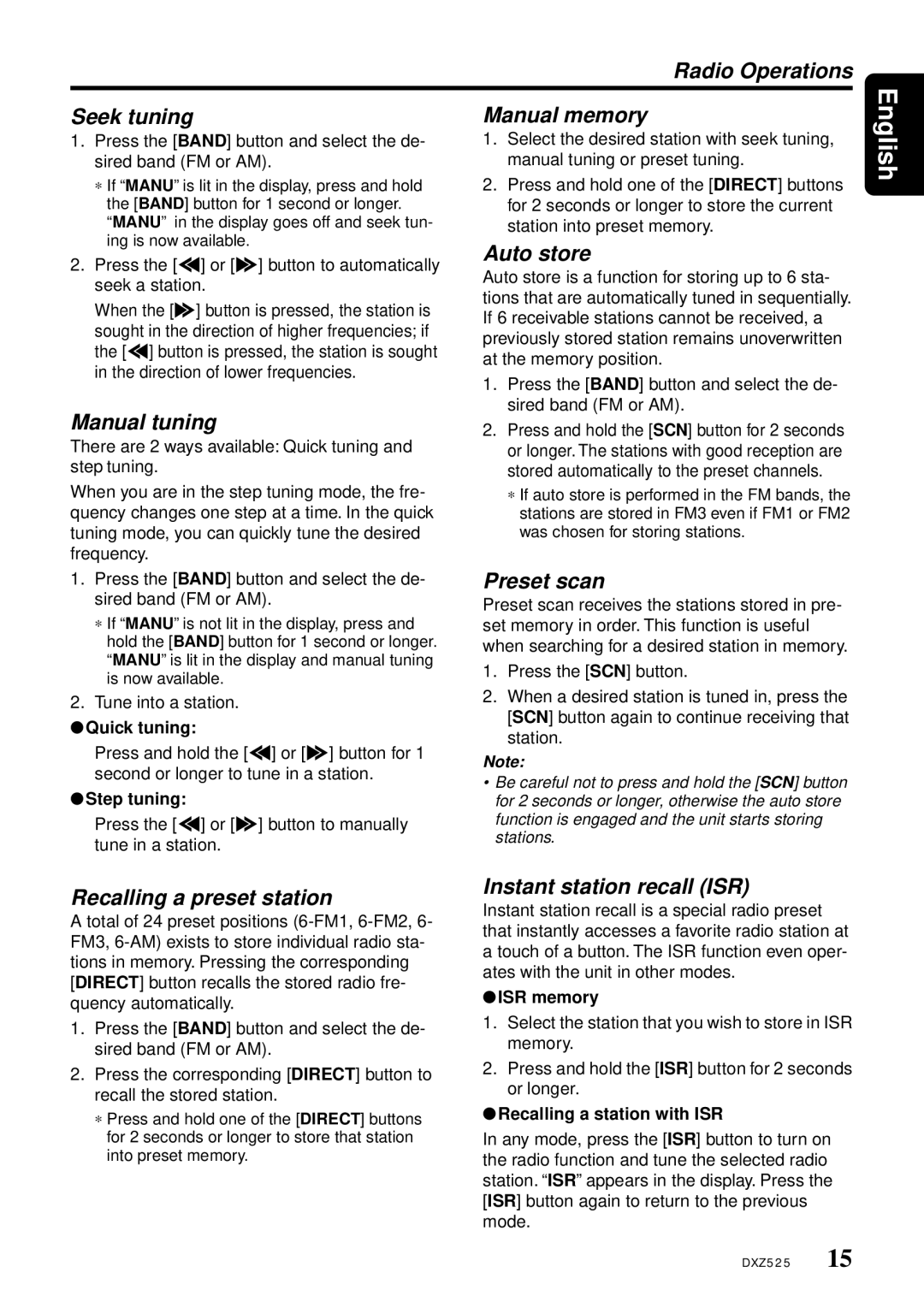 Clarion DXZ525 Radio Operations Seek tuning, Manual tuning, Auto store, Preset scan, Recalling a preset station 