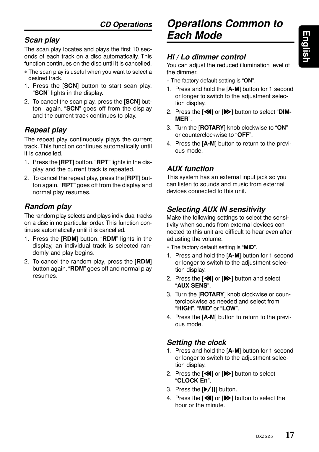 Clarion DXZ525 owner manual Operations Common to Each Mode 