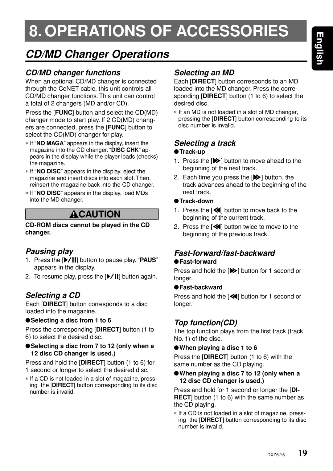 Clarion DXZ525 owner manual Operations of Accessories, CD/MD Changer Operations 