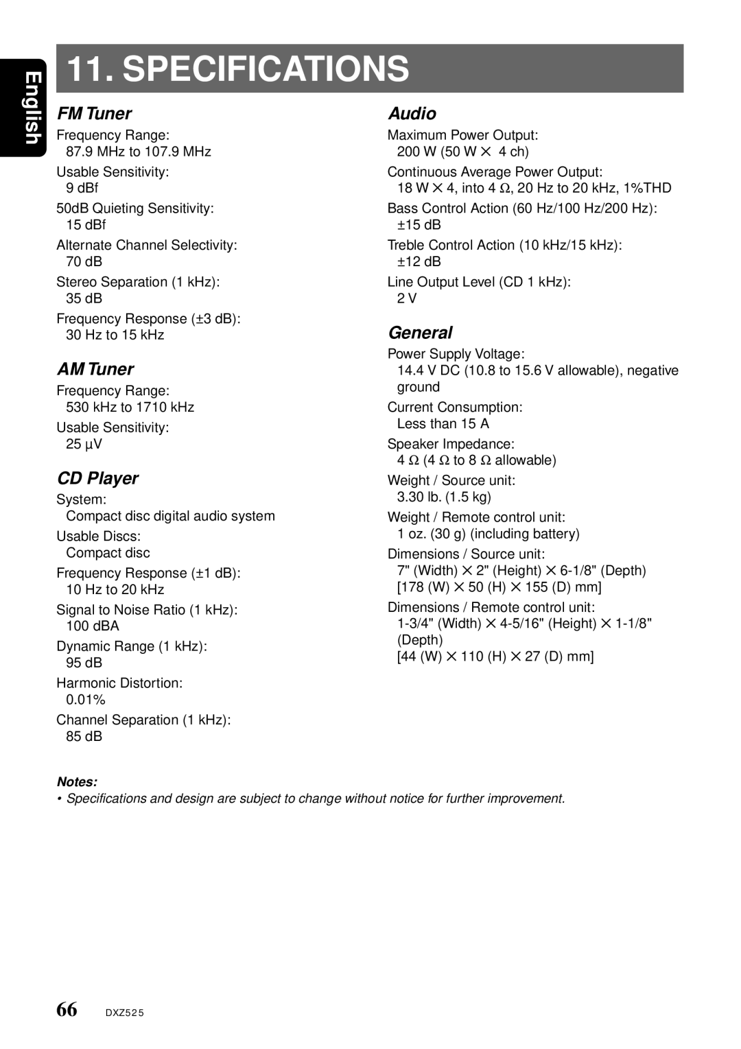 Clarion DXZ525 owner manual Specifications 