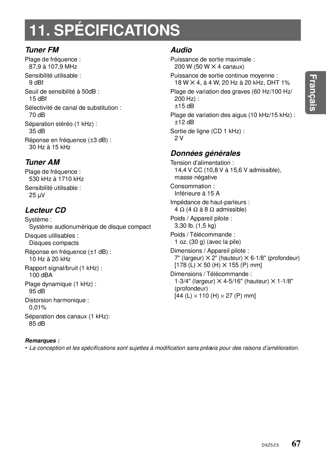 Clarion DXZ525 owner manual 11. Spécifications, Tuner FM Audio, Données générales, Tuner AM, Lecteur CD 