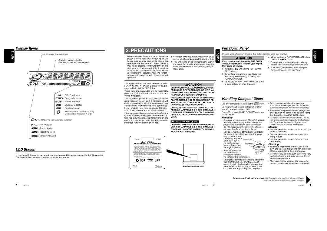 Clarion DXZ525 owner manual Precautions 