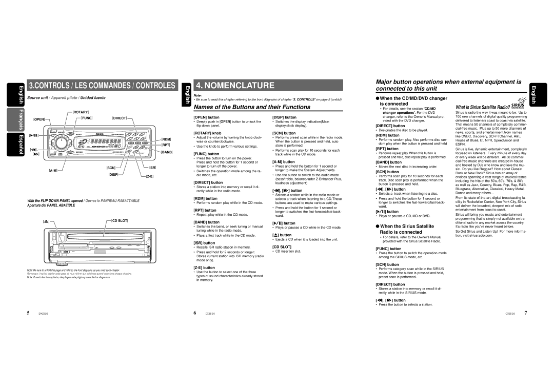 Clarion DXZ525 owner manual Rotary Open Func, Rdm, Scnisr DISPZ-E, CD Slot 