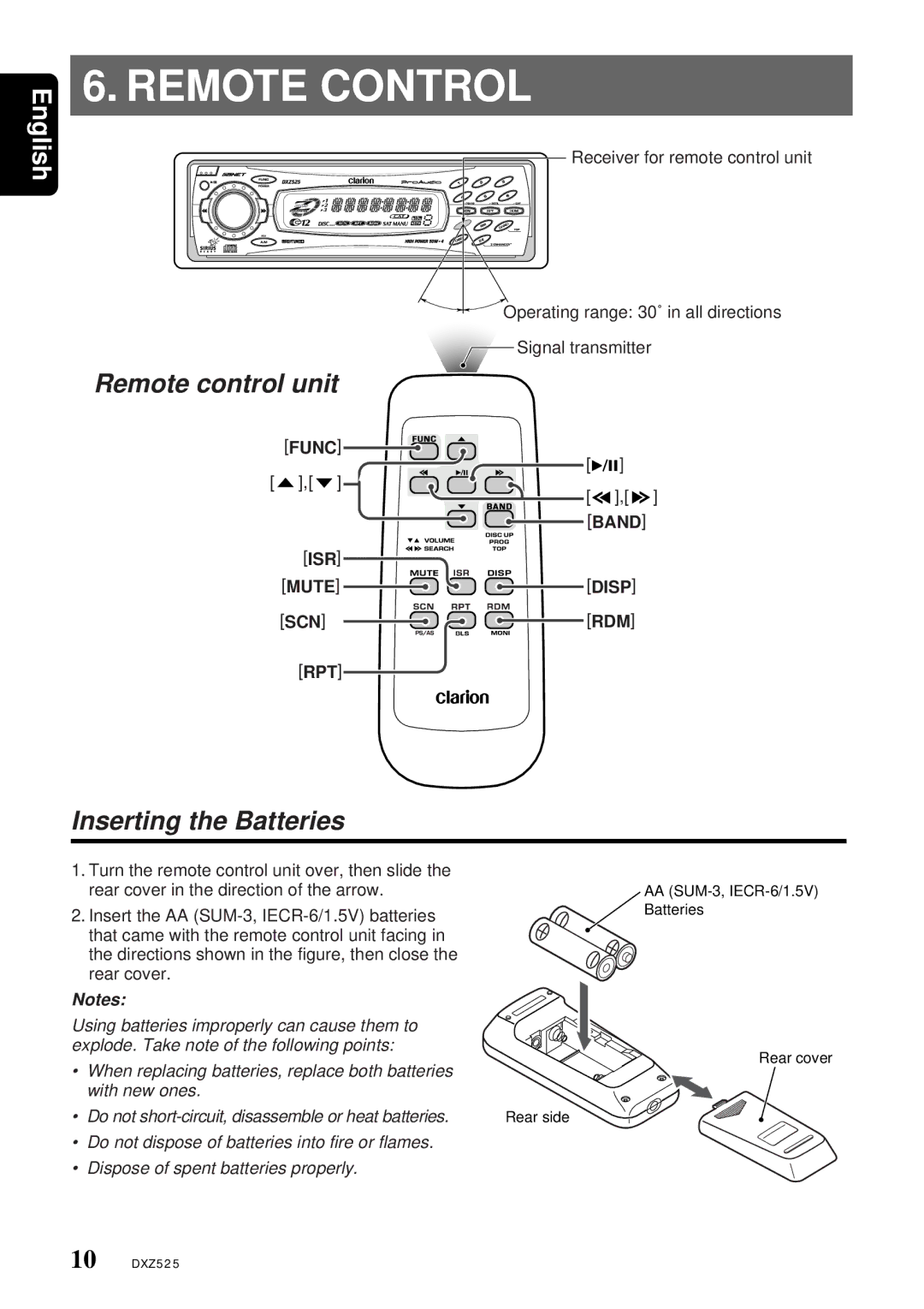 Clarion DXZ525 owner manual Remote Control, Func Band ISR Mute Disp SCN RDM RPT 