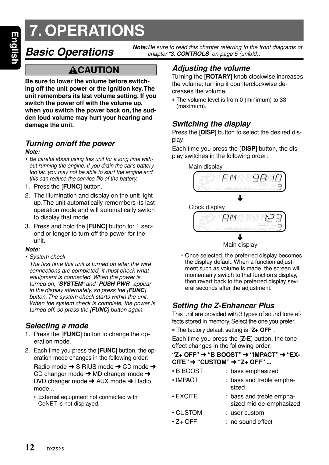 Clarion DXZ525 owner manual Basic Operations 