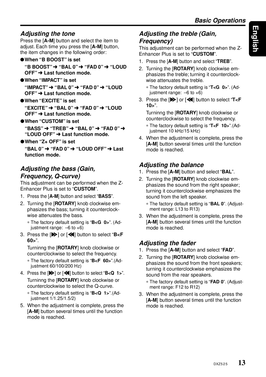 Clarion DXZ525 Basic Operations, Adjusting the tone Adjusting the treble Gain, Frequency, Adjusting the balance 