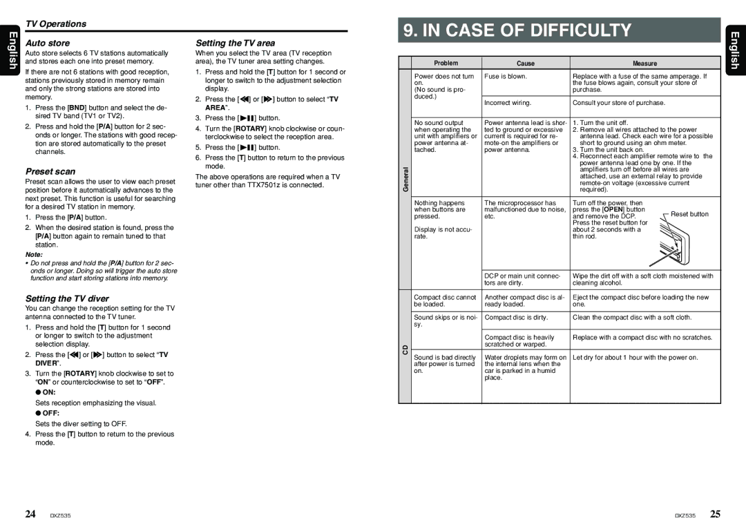 Clarion DXZ535 owner manual Case of Difficulty, TV Operations Auto store Setting the TV area, Setting the TV diver 