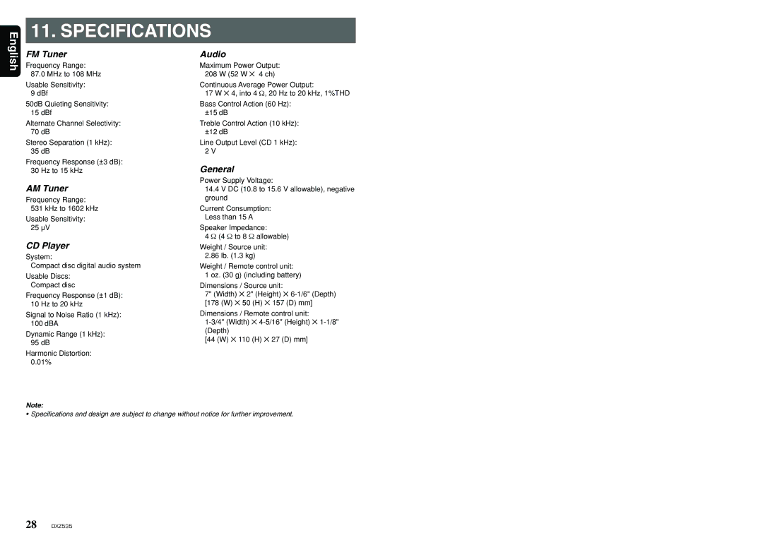 Clarion DXZ535 owner manual Specifications 