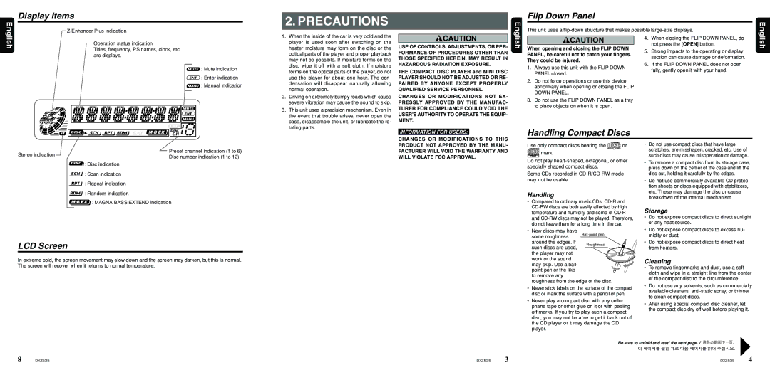Clarion DXZ535 owner manual Display Items, LCD Screen, Handling, Storage, Cleaning 