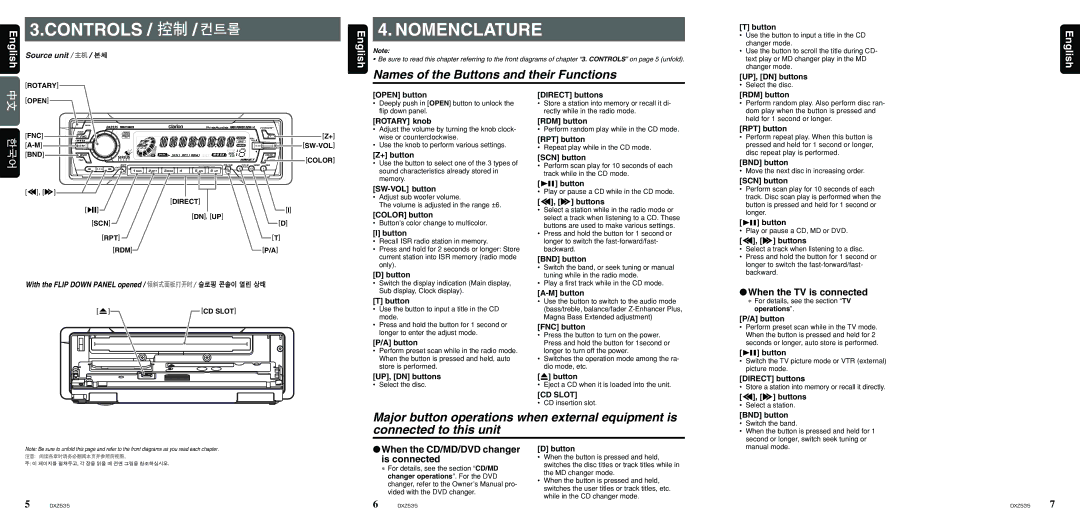 Clarion DXZ535 owner manual Nomenclature, Names of the Buttons and their Functions, Open 