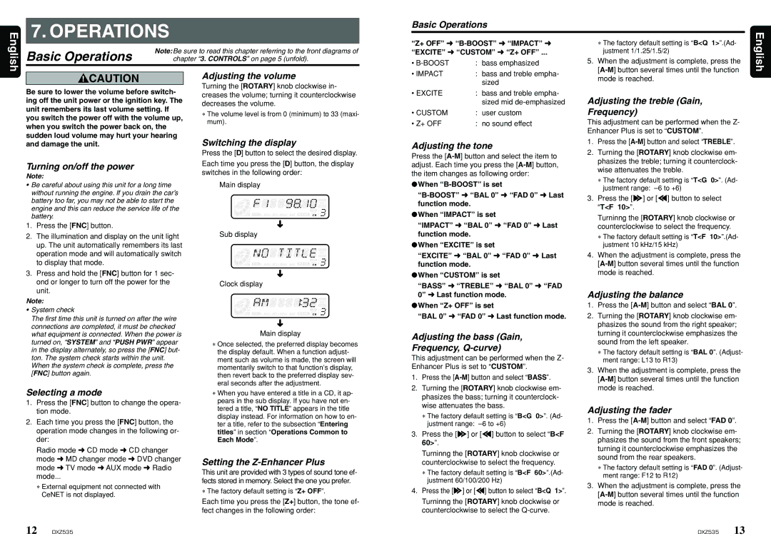 Clarion DXZ535 owner manual Basic Operations 