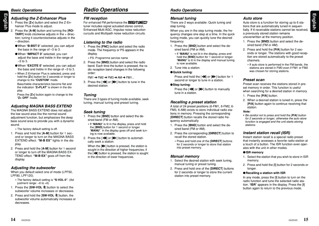 Clarion DXZ535 owner manual Radio Operations 