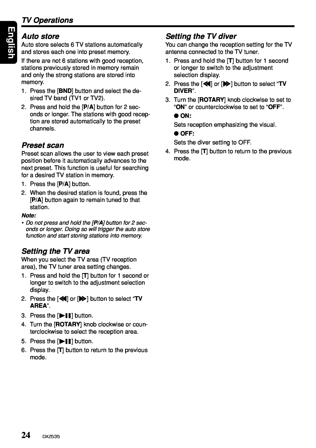 Clarion DXZ535 owner manual TV Operations, Setting the TV diver, Setting the TV area, English, Auto store, Preset scan 