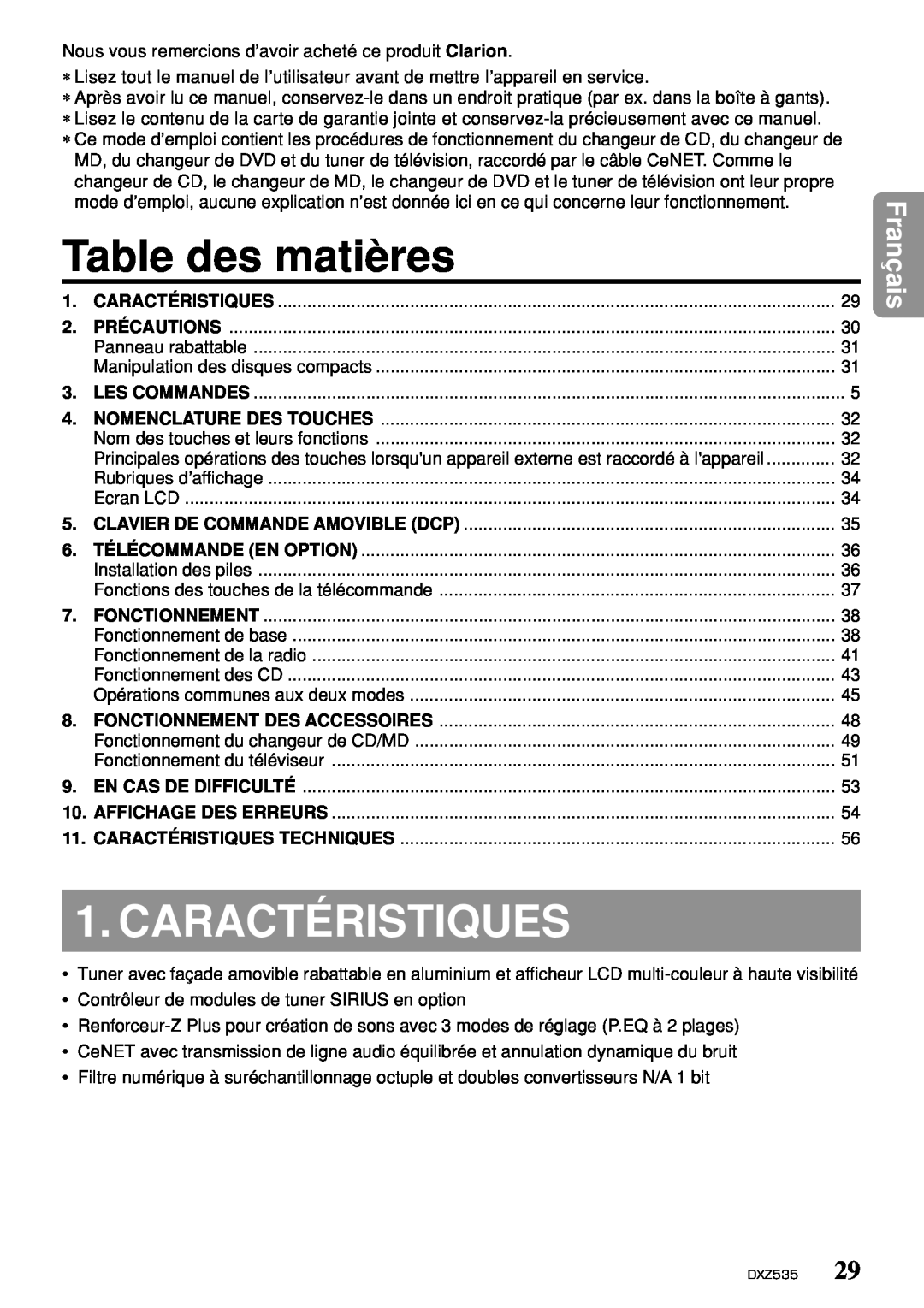 Clarion DXZ535 owner manual Table des matières, Caractéristiques, Français 