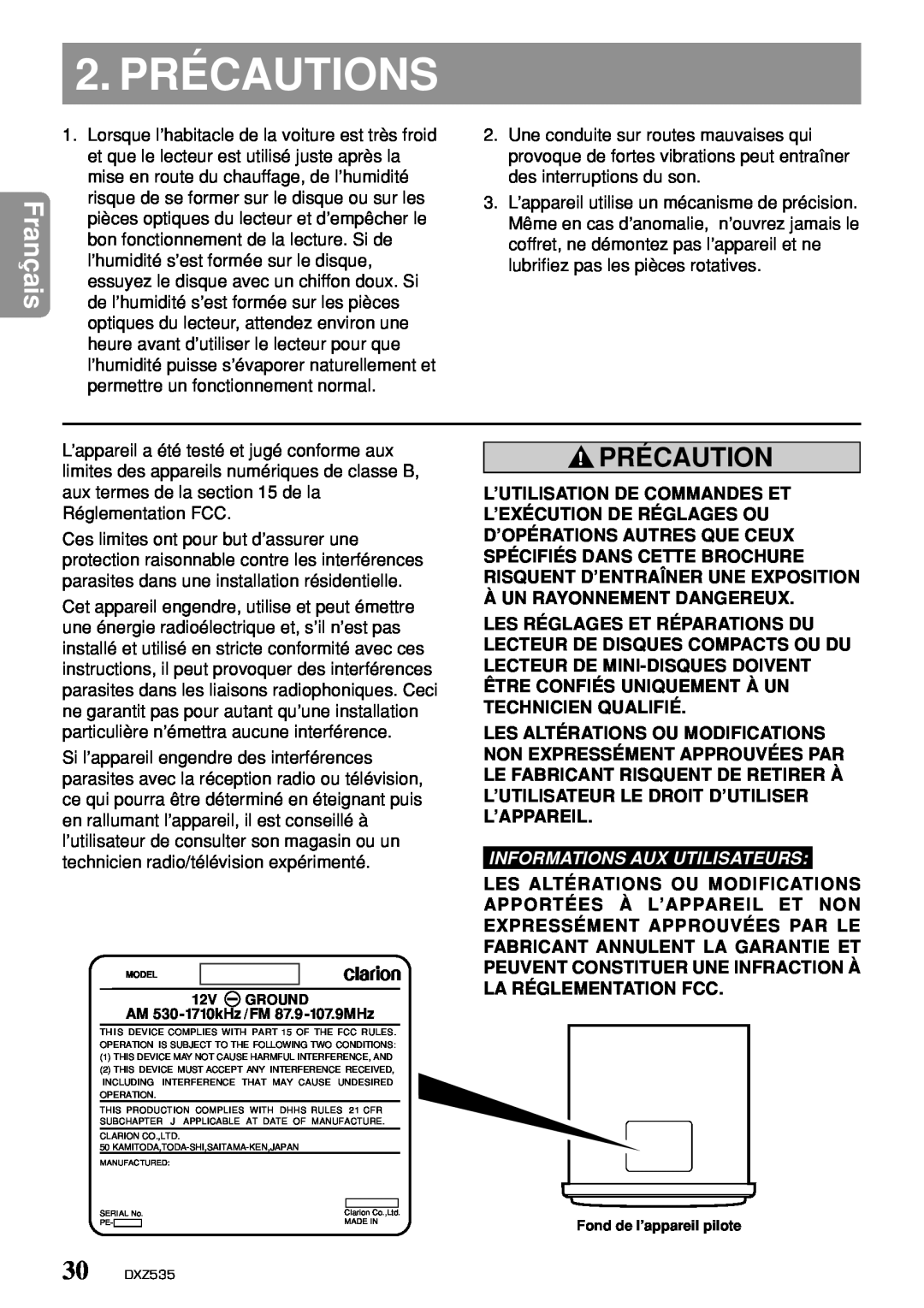 Clarion DXZ535 owner manual 2. PRÉCAUTIONS, Précaution, Informations Aux Utilisateurs 