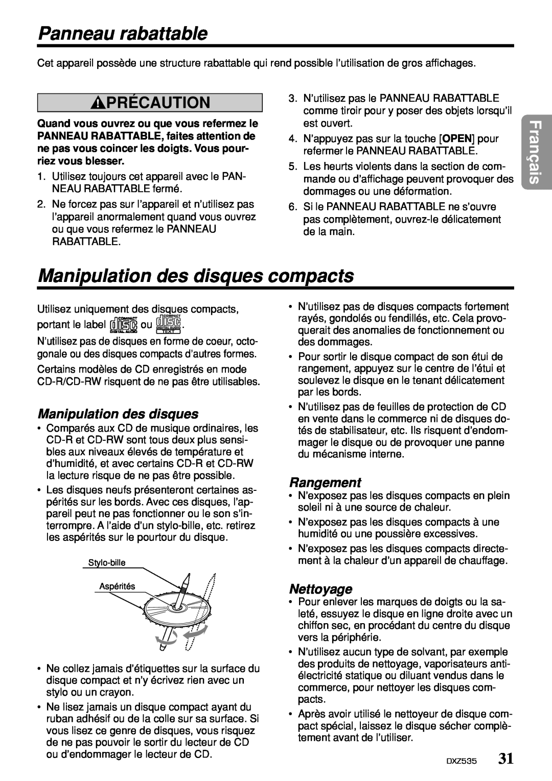 Clarion DXZ535 Panneau rabattable, Manipulation des disques compacts, Rangement, Nettoyage, Précaution, Français 