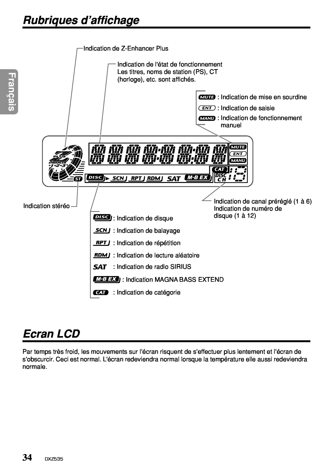 Clarion DXZ535 owner manual Rubriques d’affichage, Ecran LCD, Français 