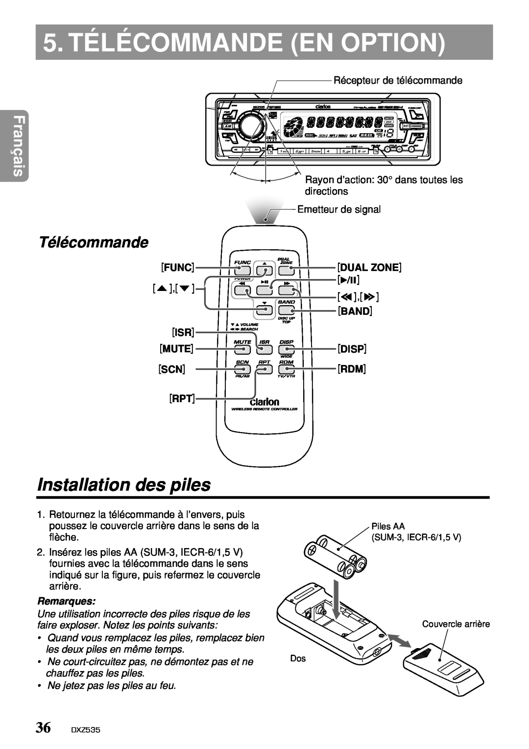 Clarion DXZ535 owner manual 5. TÉLÉCOMMANDE EN OPTION, Installation des piles, Télécommande, Français, Remarques 