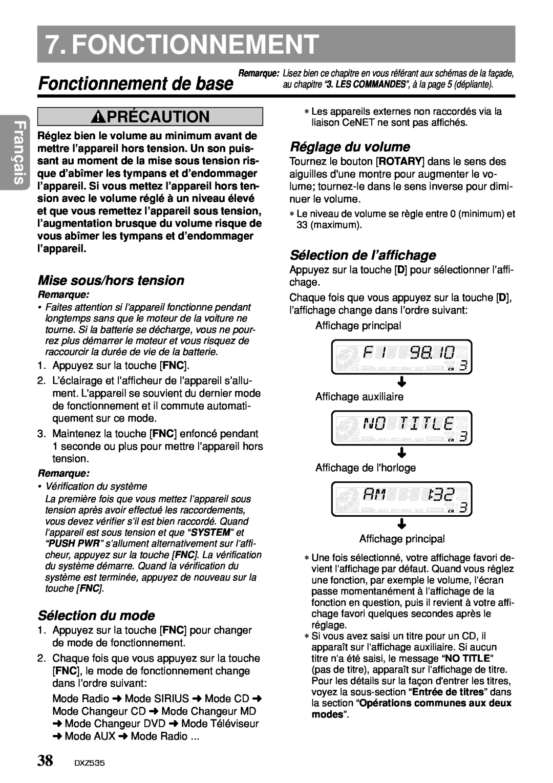 Clarion DXZ535 Fonctionnement de base, Mise sous/hors tension, Sélection du mode, Réglage du volume, Français 