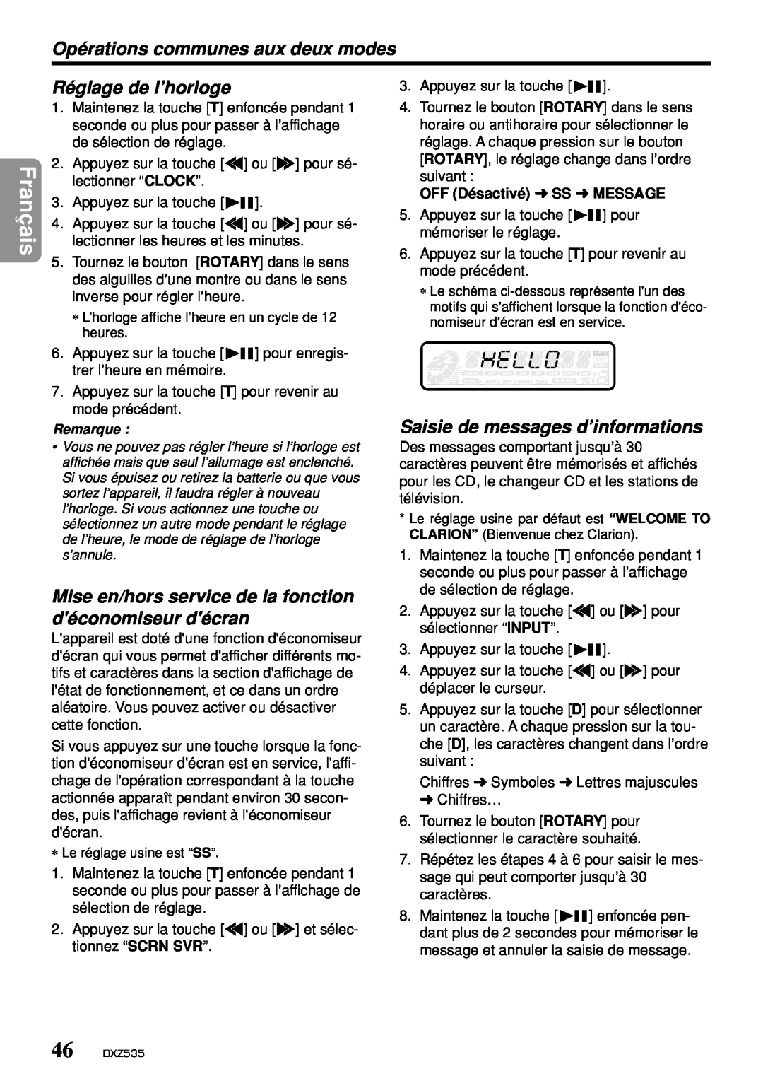 Clarion DXZ535 Opérations communes aux deux modes, Réglage de l’horloge, Saisie de messages d’informations, Français 