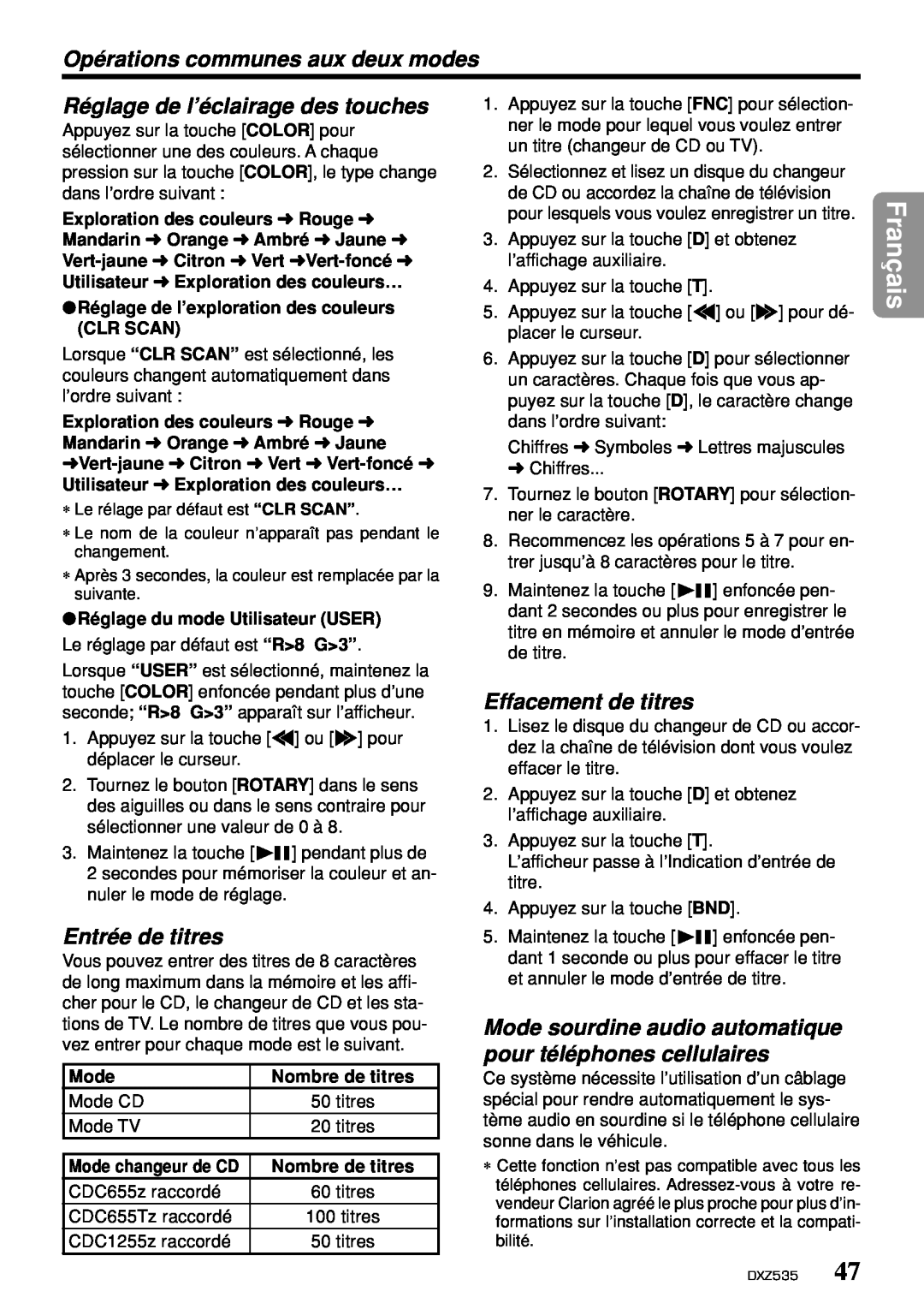 Clarion DXZ535 owner manual Réglage de l’éclairage des touches, Effacement de titres, Entrée de titres, Français 