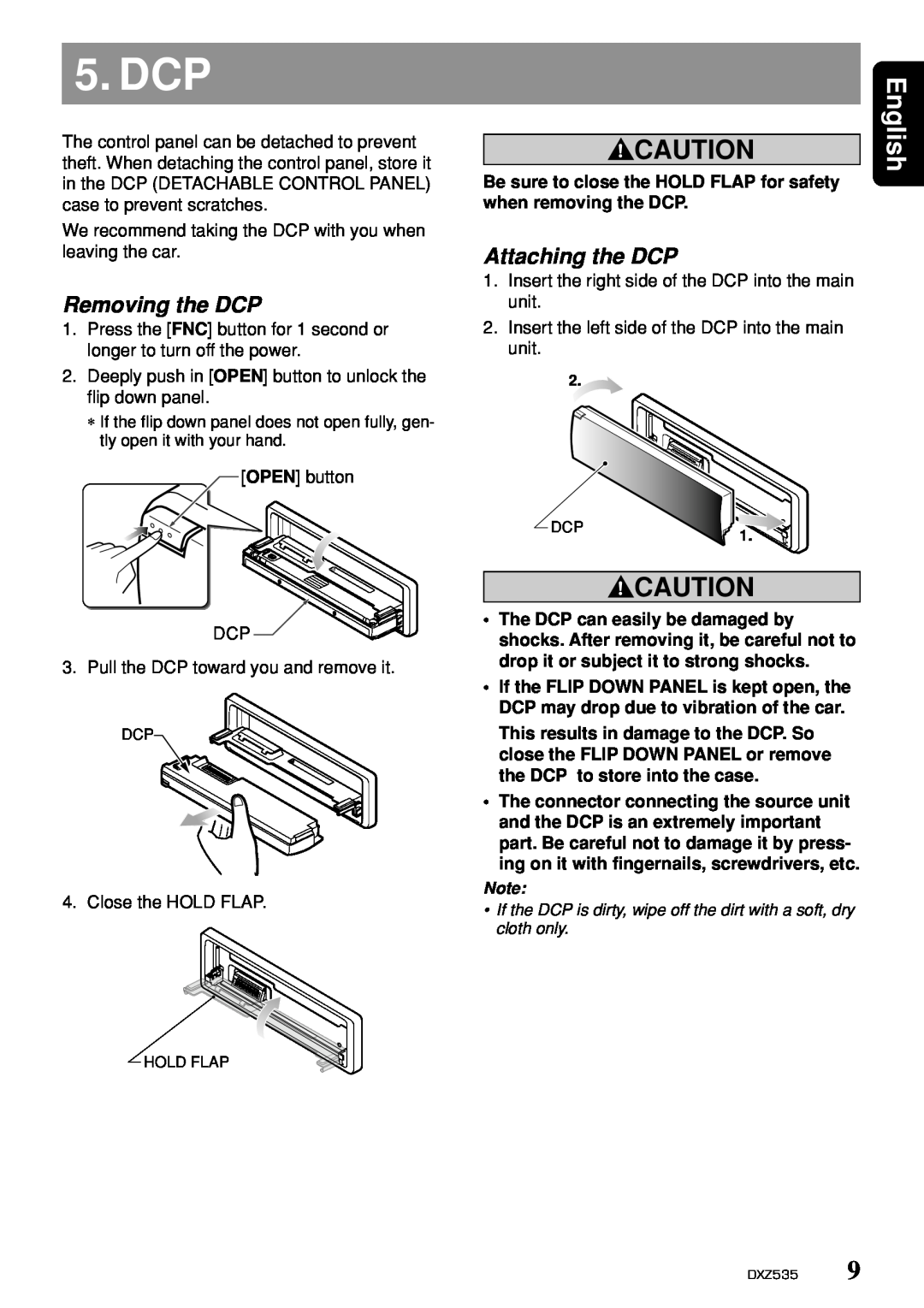Clarion DXZ535 owner manual Dcp, Removing the DCP, Attaching the DCP, English 