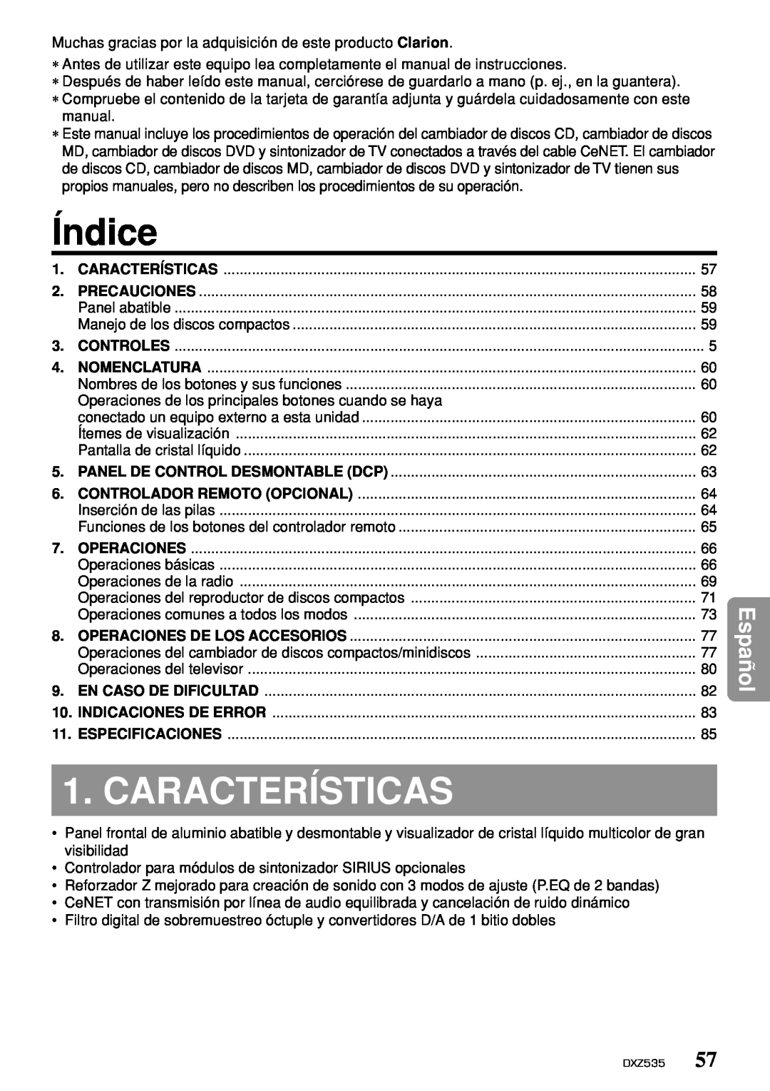 Clarion DXZ535 owner manual Índice, Características, Español 