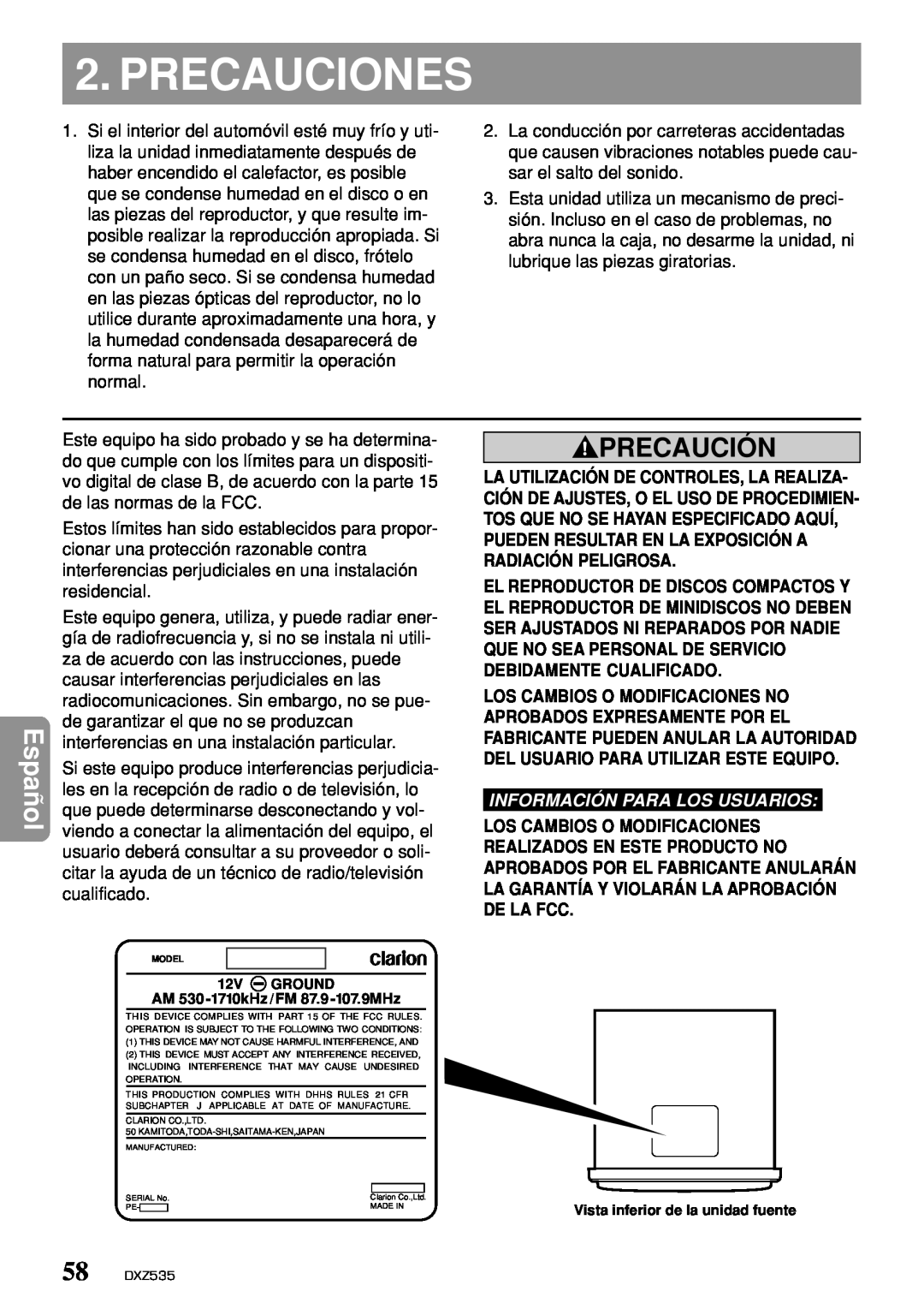 Clarion DXZ535 owner manual Precauciones, Precaución, Información Para Los Usuarios 
