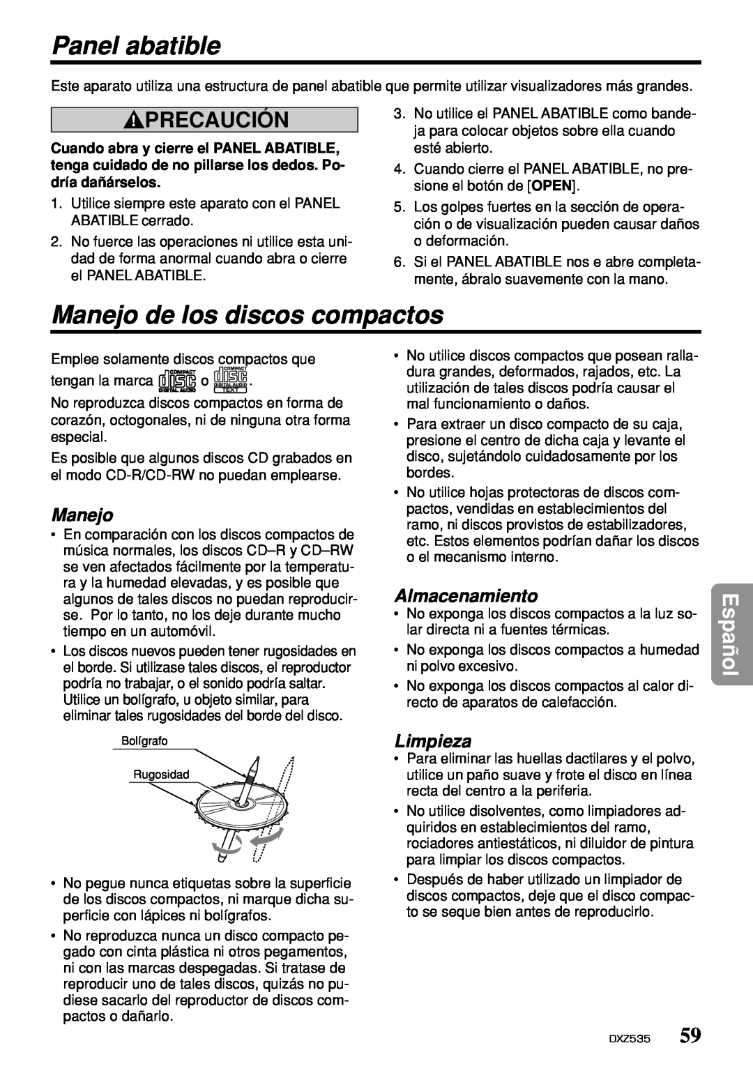Clarion DXZ535 owner manual Panel abatible, Manejo de los discos compactos, Almacenamiento, Limpieza, Precaución, Español 