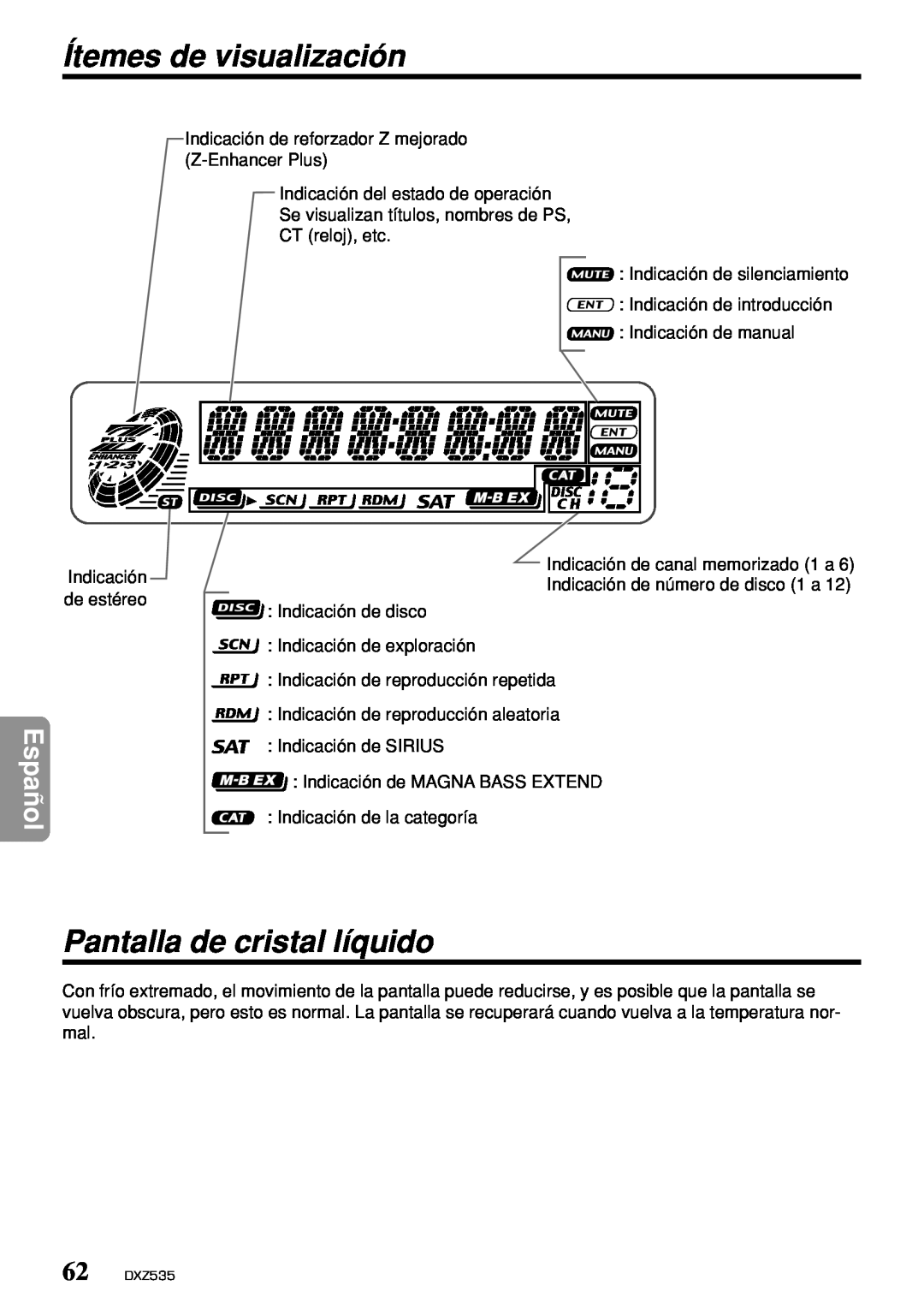Clarion DXZ535 owner manual Ítemes de visualización, Pantalla de cristal líquido, Español 