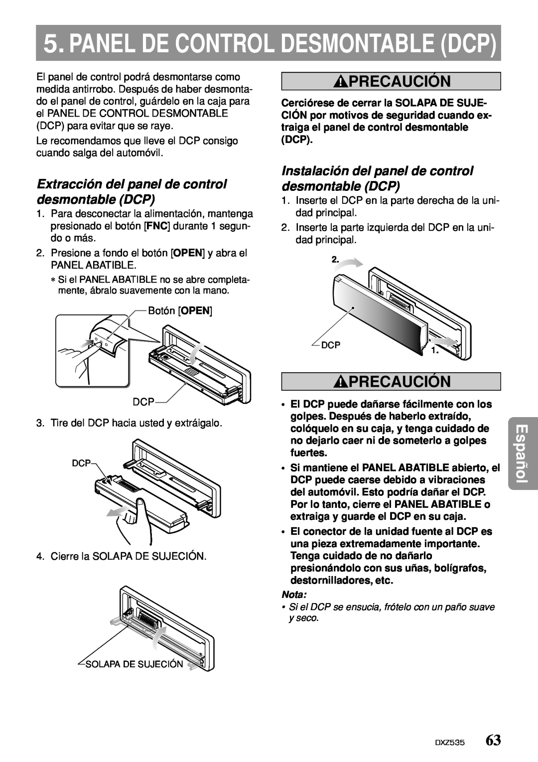 Clarion DXZ535 Panel De Control Desmontable Dcp, Extracción del panel de control desmontable DCP, Precaución, Español 