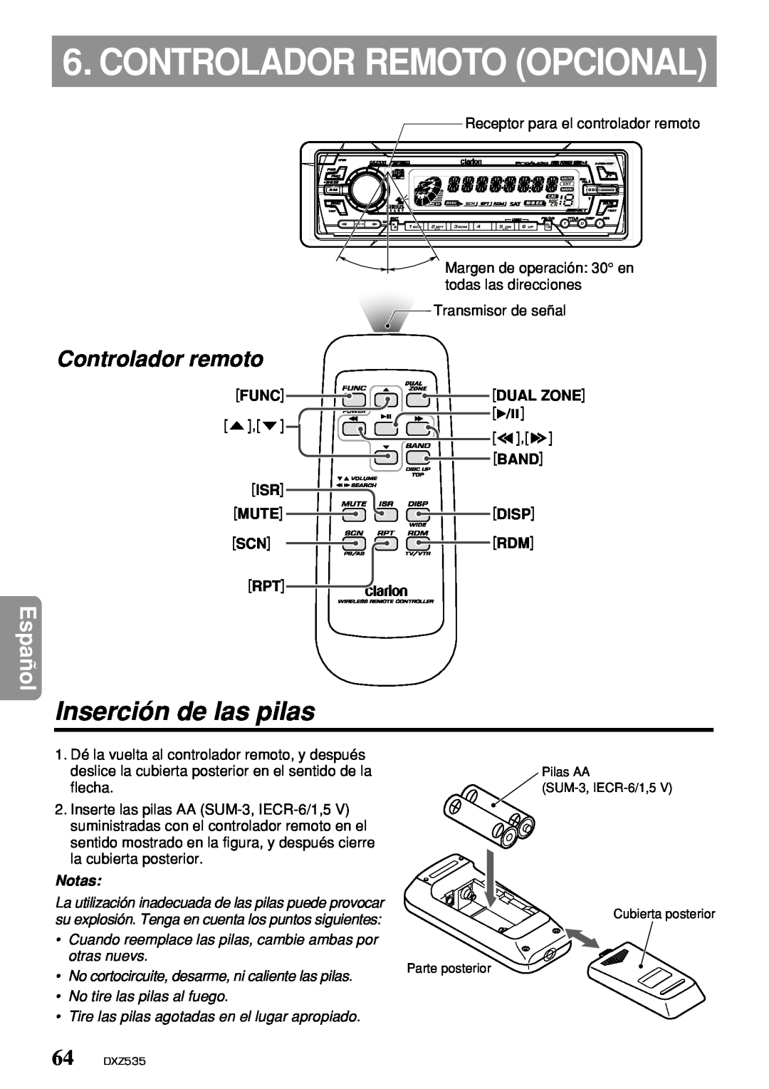 Clarion DXZ535 owner manual Controlador Remoto Opcional, Inserción de las pilas, Controlador remoto, Español, Notas 