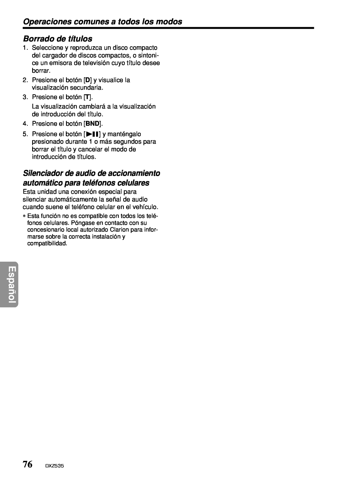 Clarion DXZ535 owner manual Borrado de títulos, Español, Operaciones comunes a todos los modos 