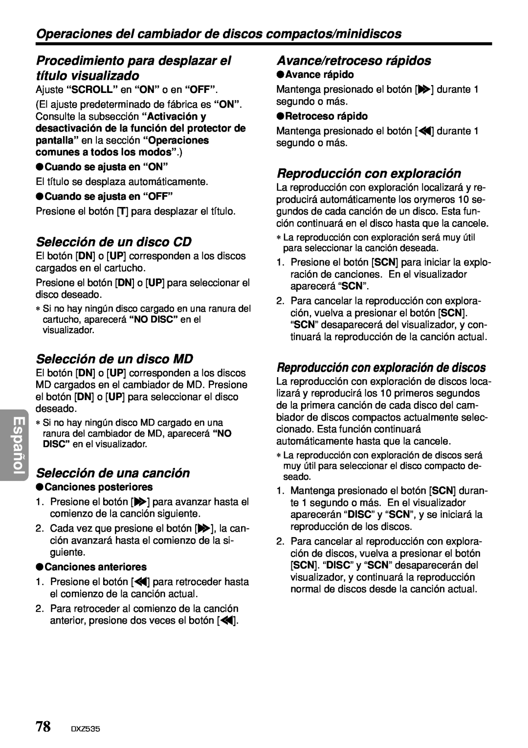 Clarion DXZ535 Selección de un disco CD, Selección de un disco MD, Reproducción con exploración de discos, Español 