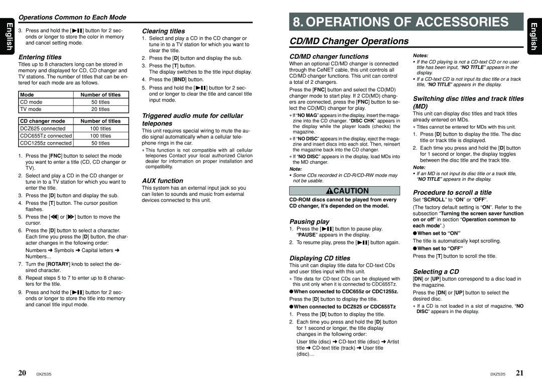 Clarion DXZ535 owner manual Operations Of Accessories, CD/MD Changer Operations, English 