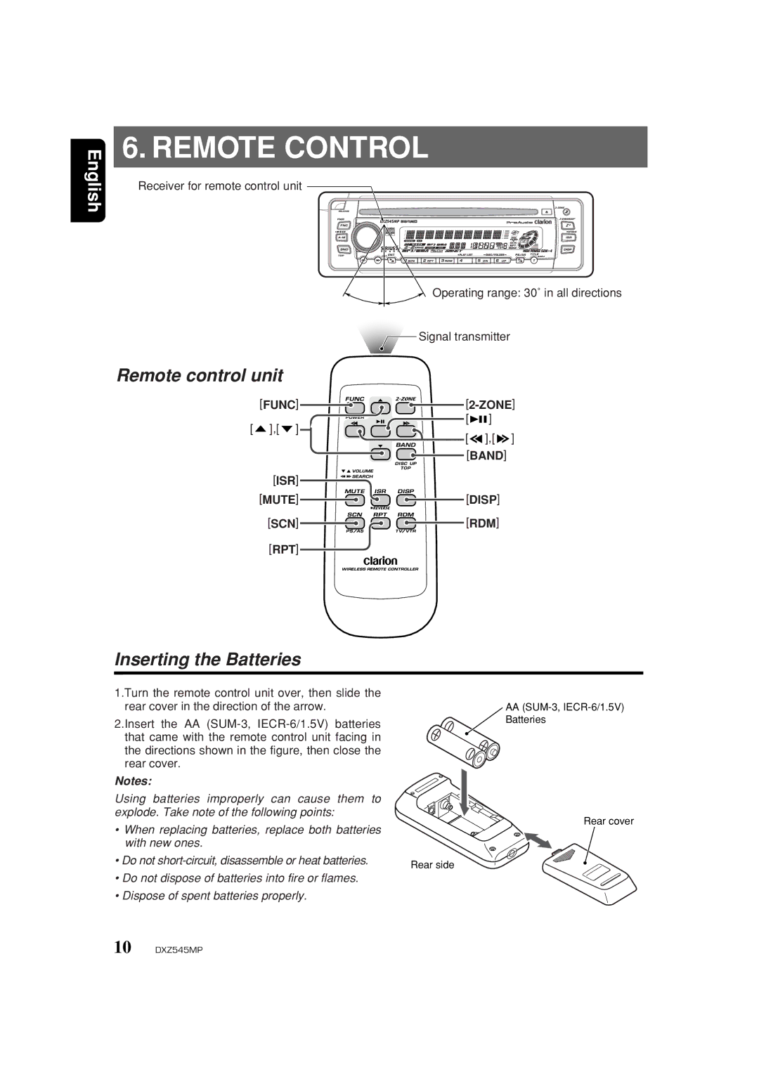 Clarion DXZ545MP owner manual Remote Control, Inserting the Batteries 