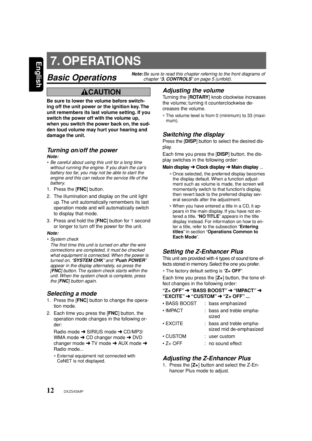 Clarion DXZ545MP owner manual Basic Operations 